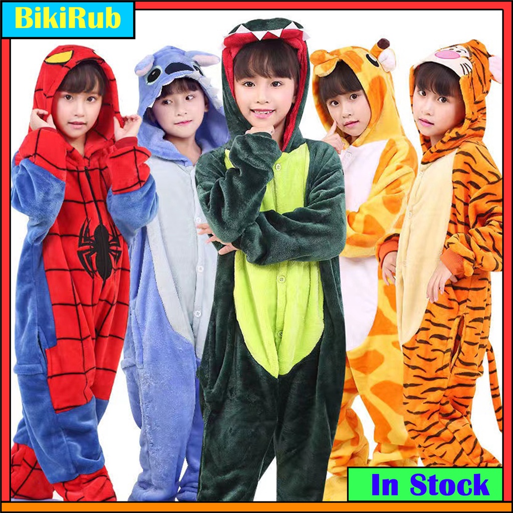 Kigurumi ไดโนเสาร์ Stitch Pikachu Spiderman Panda Giraffe Onesies เด็กสัตว์ Jumpsuit หญิงชุดนอนเด็ก
