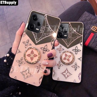 เคสโทรศัพท์มือถือแบบแก้ว ลายใบโคลเวอร์ พร้อมแหวนขาตั้ง และสายคล้อง หรูหรา สําหรับ Redmi Note 12 Pro Plus Note12 Pro Plus