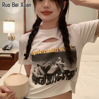 RUO BEI XUAN เสื้อยืดสตรีสไตล์เกาหลีลำลองคอกลมพิมพ์ลายเสื้อครอป