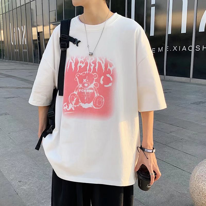 WX[Plus size] M-5XL fashion men's anime short-sleeved T-shirt graffiti small bear print pattern T-sh