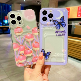 for Xiaomi Redmi Note 12 11 11S 10S 9S 10 8 9 Pro Max 10C 10A 9A 9C 9T K40 Poco M3 F3 X3 X4 Pro X3nfc 10T 11T pro X3GT Butterfly Phone Case Card Holder Soft Pink Tulip Cover