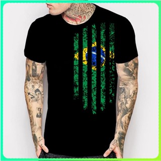 เสื้อยืดผ้าฝ้ายพิมพ์ลายBrazil Vintage Flag T-Shirts Mens Short Sleeve Black T Shirts Funny  Print  Rock Fashion Tops ER