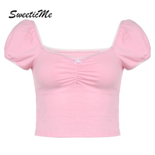 Sweeticme ใหม่ เสื้อยืดลําลอง คอสี่เหลี่ยม แขนพอง ปักลายลูกไม้ เซ็กซี่ แฟชั่นสําหรับสตรี 2023