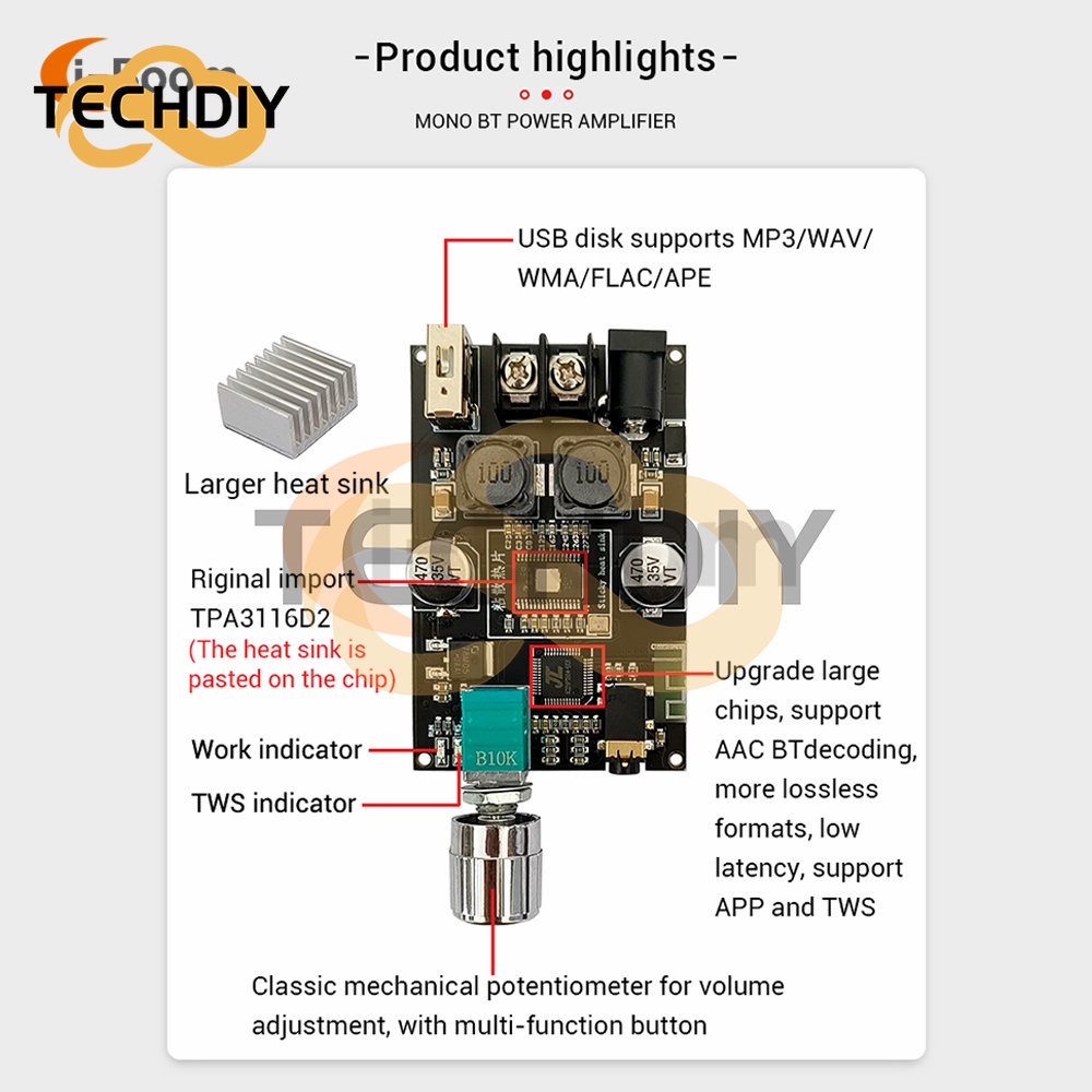 โมดูลบอร์ดขยายเสียงบลูทูธ ZK-1001B TPA3116 100W พร้อมกล่อง TWS DC 7-24V
