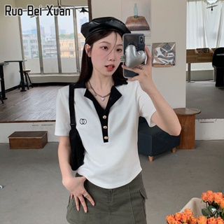 RUO BEI XUAN เสื้อยืดสตรีฤดูร้อนใหม่สไตล์เกาหลีแฟชั่นผ้าฝ้ายโปโลสั้นเสื้อยืด