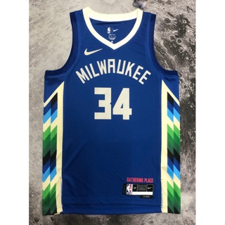 เสื้อกีฬาแขนสั้น ลายทีม nba Milwaukee Bucks No. 2023 เสื้อกีฬาบาสเก็ตบอล Antetokounmpo 34 สีฟ้า