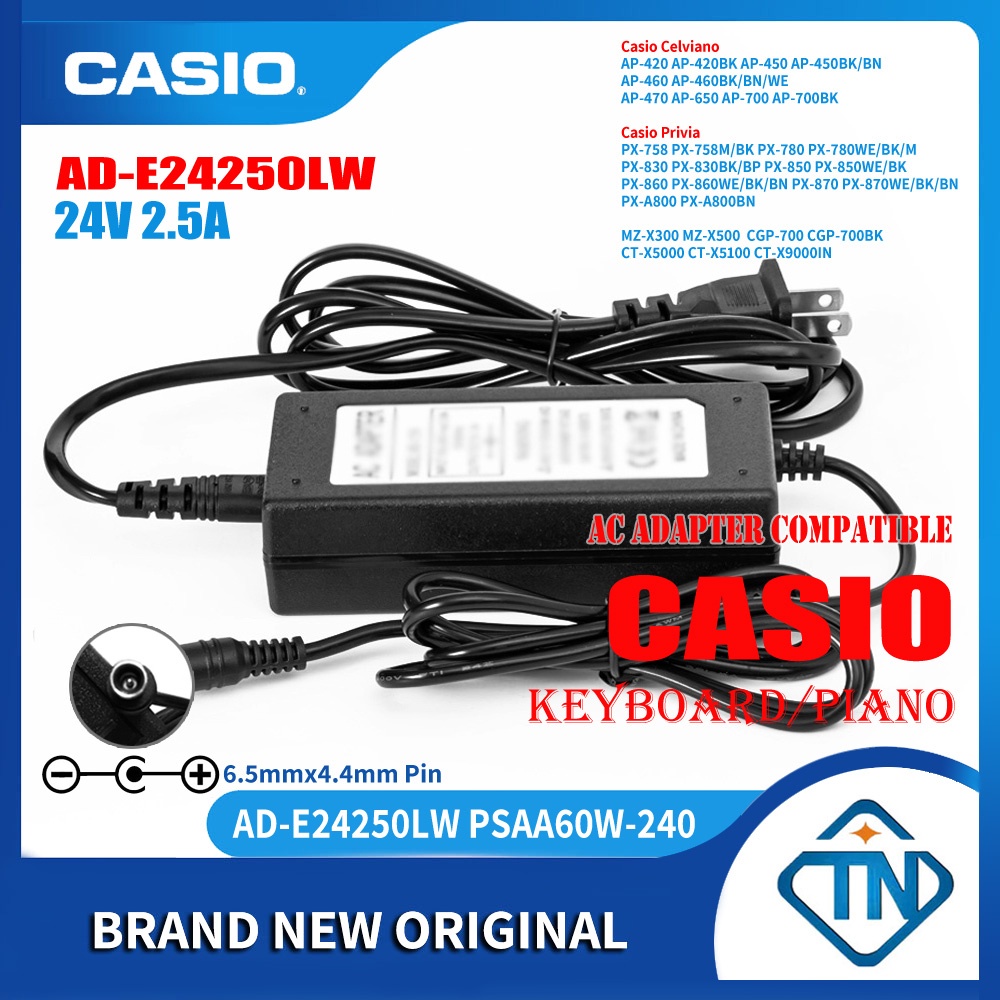 อะแดปเตอร์พาวเวอร์ซัพพลายเปียโนดิจิทัล 24V 2.5A AD-E24250LW AC สําหรับ Casio Celviano AP-460 AP-470 