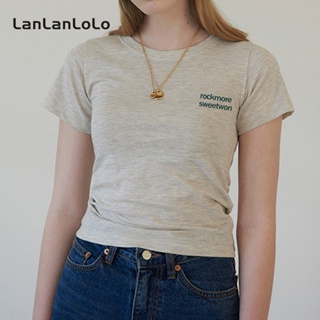 Lanlanlolo เสื้อยืดลําลอง แขนสั้น คอกลม สีพื้น เข้ากับทุกการแต่งกาย แฟชั่นสําหรับสตรี 2023