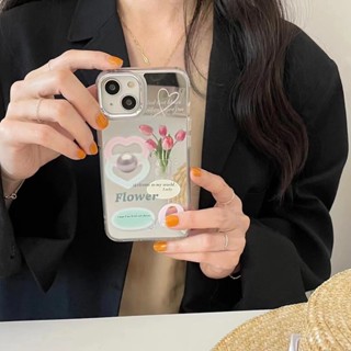 เคสโทรศัพท์มือถือกระจก กันลื่น ลายดอกทิวลิป ประดับมุก สําหรับ iPhone 14Pro max 14ProiPhone 14 iPhone13 Pro iPhone 13Pro max iPhone12 Pro 11 Airpods 1 2 Pro 3