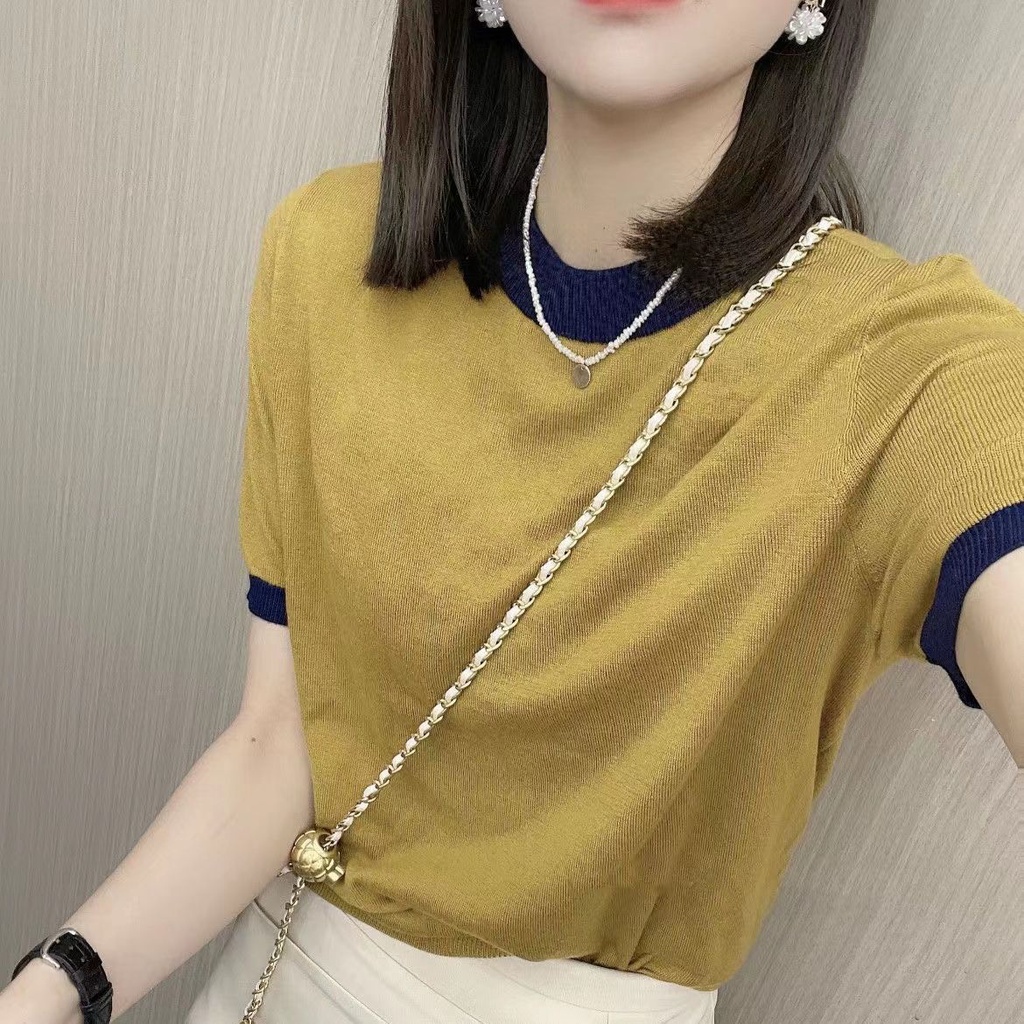 เสื้อยืดแขนสั้นผู้หญิงบางตีสีรอบคอเสื้อกันหนาวจับคู่แฟชั่นฤดูร้อนมีสไตล์เสื้อยืดแขนสั้นผู้หญิง