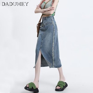 DaDuHey🎈 Women New Korean Style Ins Retro Washed Slit Denim Skirt High Waist Loose A -Line Long Skirt Hip Skirt