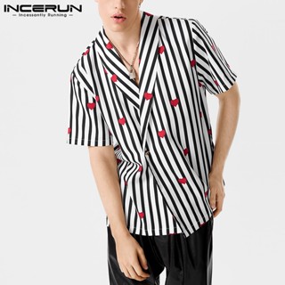 Incerun เสื้อเชิ้ตแขนสั้น พิมพ์ลายหัวใจ