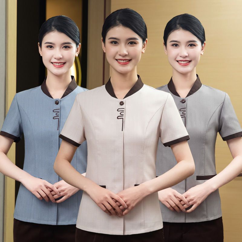 เสื้อคนงานไซส์ใหญ่ คอปก เสื้อยูนิฟอร์ม ชุดทำงาน ชุดพนักงานทำความสะอาดชุดพนักงานเสริฟ กระดุมเซฟตี้ (L-5XL)