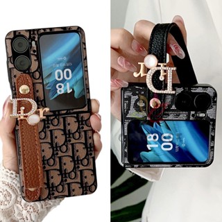 เคสโทรศัพท์หนัง PU ฝาพับ ประดับมุก เพชร พร้อมสายคล้องข้อมือ หรูหรา สไตล์เกาหลี สําหรับ OPPO Find N2