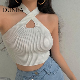 Dunea เสื้อครอปท็อป แขนกุด คล้องคอ สไตล์เรียบง่าย สําหรับผู้หญิง