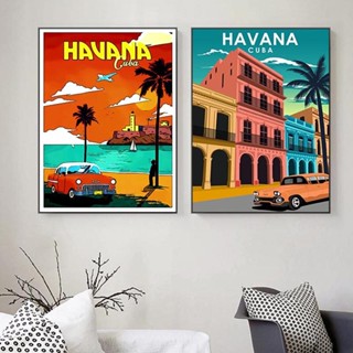 สติกเกอร์โปสเตอร์ ภาพวาดผ้าใบ ลาย Travel to Cuba Havana สไตล์วินเทจ สําหรับตกแต่งผนังบ้าน