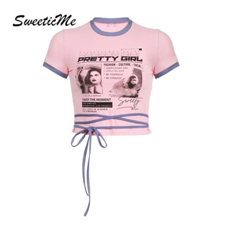 Sweeticme เสื้อยืดคอกลม แขนสั้น พิมพ์ลาย สีตัดกัน สไตล์เรโทร แฟชั่นสําหรับผู้หญิง 2023