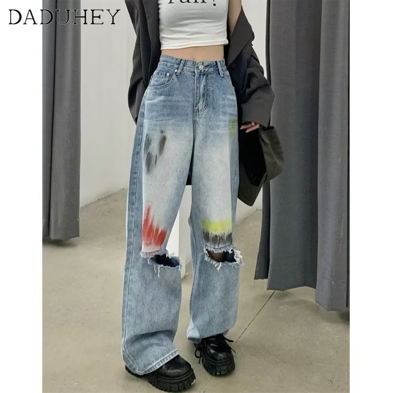 DaDuHey Women's American Style Retro Summer New Jeans Casual Fashion Brand Pants Ripped Loose Straight Mop Pants