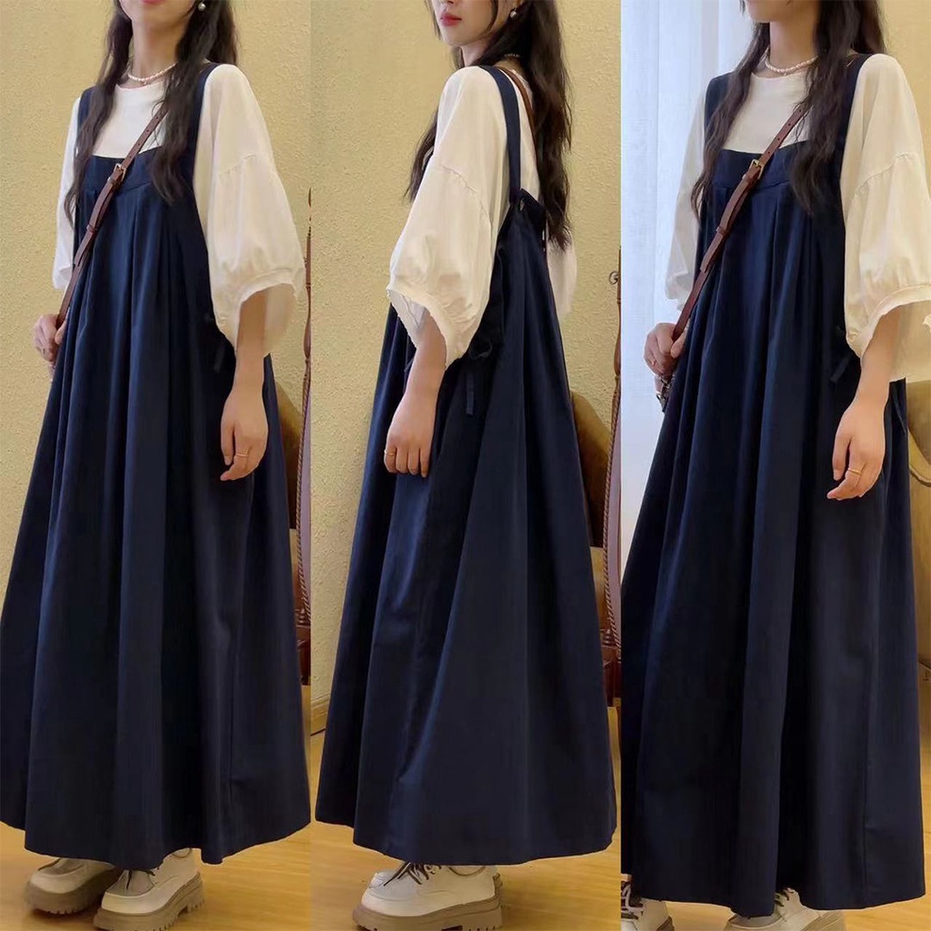 New ชุดเช็ต 2 ชิ้น เสื้อแขนตุ๊กตา+เอี๊ยมกระโปรงยาว สไตล์วินเทจ สีพื้น แฟชั่นสไตล์เกาหลี(ขายแยกชิ้น)