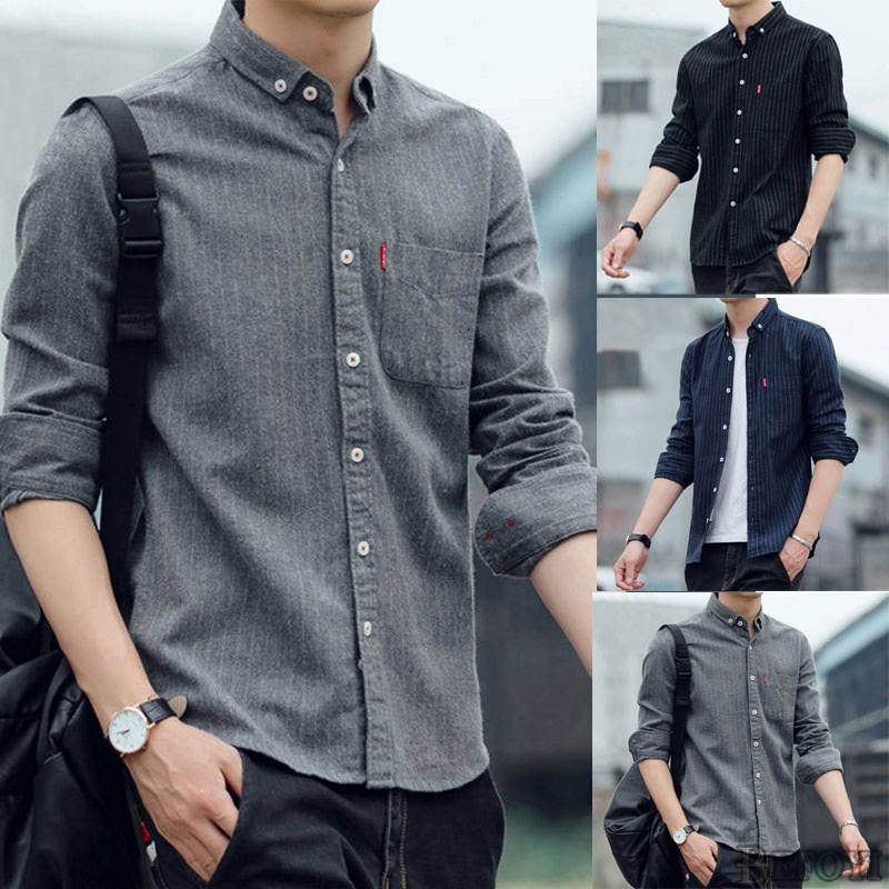 ชายเสื้อแขนยาว Oxford ปั่นสไตล์เกาหลีสบาย ๆ บางพอดีแฟชั่นเสื้อบวกขนาด Kemeja Lelaki XY0643