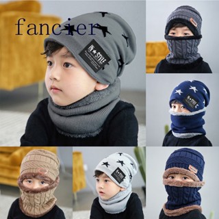 Fancier 2 in 1 หมวกบีนนี่ ผ้าพันคอ ผ้าขนแกะถักหนา ให้ความอบอุ่น แฟชั่นฤดูหนาว สําหรับเด็ก