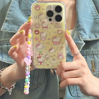 เคสโทรศัพท์มือถือ ซิลิโคน กันกระแทก ลายการ์ตูนแมว kt สีเหลือง พร้อมสายโซ่คล้อง สองชั้น สําหรับ Iphone 13 14promax 14pro 14 13Promax 11 12