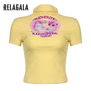 Relagala เสื้อยืดลําลอง แขนสั้น คอกลม พิมพ์ลายสัตว์เลี้ยงน่ารัก สีเหลือง แฟชั่นใหม่ สําหรับสตรี 2023