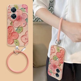 เคสโทรศัพท์มือถือ TPU ลายภาพวาดสีน้ํามัน รูปดอกไม้ พร้อมสายรัดข้อมือ ทรงกลม สําหรับ HUAWEI nova 11i