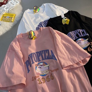 【Polyester】เสื้อยืดคอกลม แขนสั้น พิมพ์ลายการ์ตูนน่ารัก ทรงหลวม สไตล์เรโทร ฤดูร้อน สําหรับผู้หญิง นักเรียน