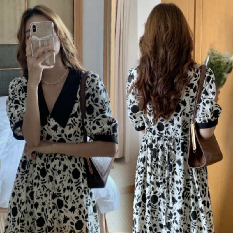 Suxi ชุดเดรสยาว คอวี แขนพอง ลายดอกไม้ สไตล์วินเทจ แฟชั่นฤดูร้อน สําหรับผู้หญิง