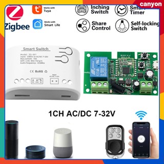 Tuya Zigbee ตัวรับสัญญาณประตูโรงรถ 1ch Rf Smart Switch 7-32v10a รีเลย์ล็อคตัวเองสวิตช์นิ้ว Tuya Smart App Remote Controlled Support Voice Control canyon