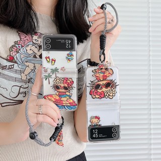 เคสโทรศัพท์มือถือแบบแข็ง กันกระแทก ลายการ์ตูนเฮลโลคิตตี้น่ารัก พร้อมสายโซ่คล้อง สําหรับ Samsung Galaxy Z Flip 4 5G 3in1 Z Flip 3