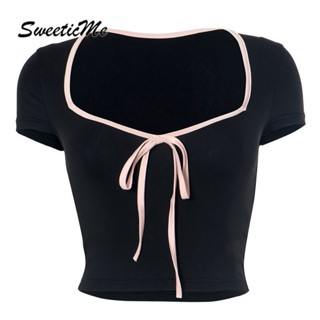 Sweeticme เสื้อยืดลําลอง แขนสั้น คอสี่เหลี่ยม สีตัดกัน แฟชั่นใหม่ สําหรับสตรี 2023