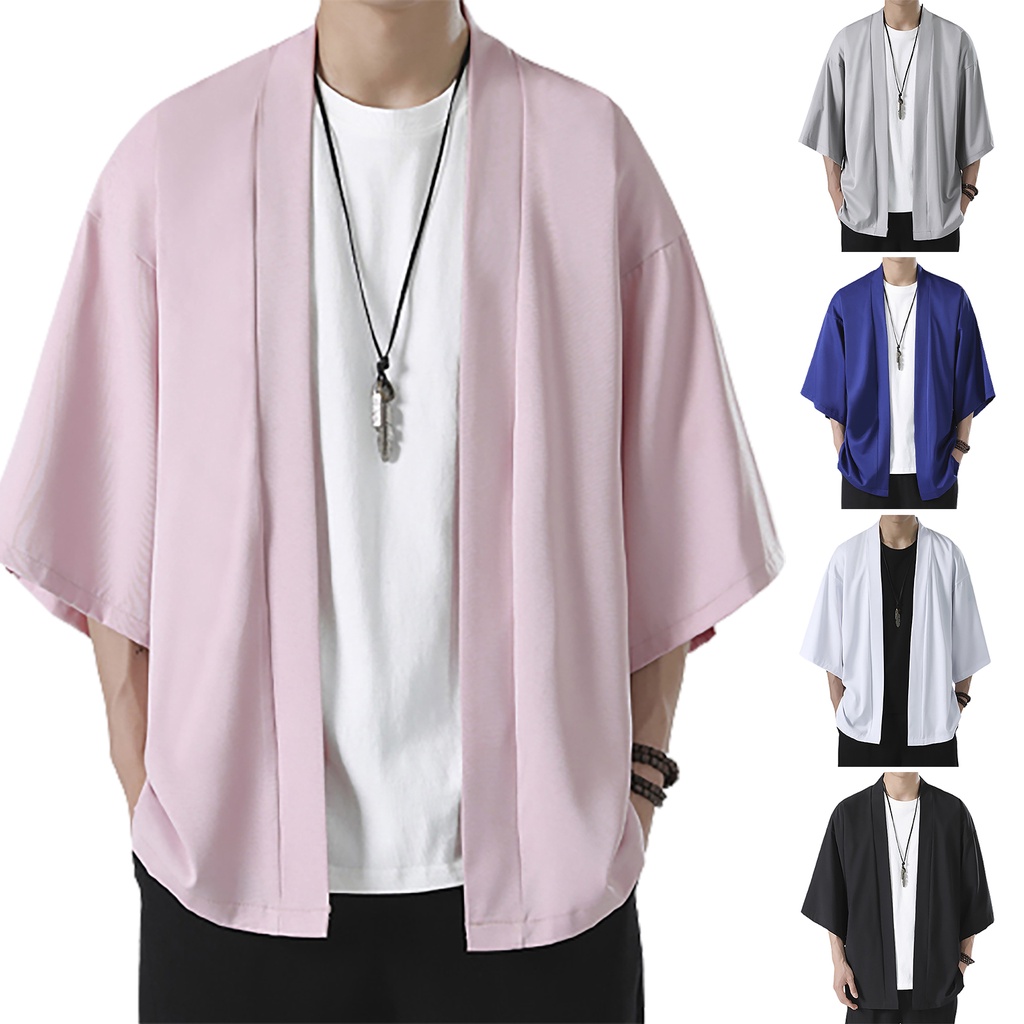 Austinstore เสื้อคาร์ดิแกนกิโมโน สีพื้น สไตล์ญี่ปุ่น ซามูไร สามส่วน สําหรับผู้ชาย
