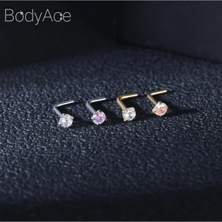 Bodyace 1 ชิ้น 0.8 / 1.0 มม. ลูกบาศก์เพทายจมูกกระดุมสแตนเลสรูปตัว L เจาะจมูกหัวใจดาวสี่เหลี่ยมเจาะรูจมูก