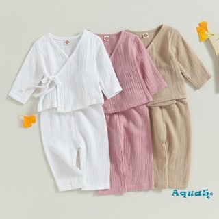 Aqq- ชุดนอน เสื้อแขนยาว คอวี ผูกด้านข้าง กางเกงขายาว สีพื้น สําหรับเด็กผู้ชาย ผู้หญิง 2 ชิ้น