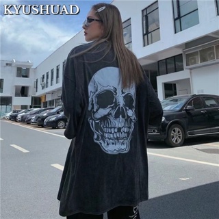 KYUSHUAD เสื้อยืดแขนสั้นแนวสตรีทฮิปฮอป, สตรีทย้อนยุคสไตล์ยุโรปและอเมริกาล้างเสื้อครึ่งแขนทรงหลวมขนาดใหญ่,