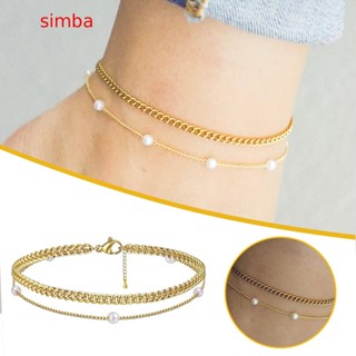 【Simba】สร้อยข้อเท้าโซ่ ประดับมุก สองชั้น แฮนด์เมด สไตล์มินิมอล แฟชั่นสําหรับผู้หญิง