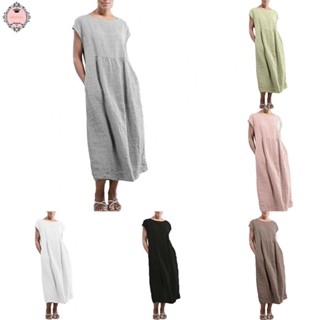 Womens Summer Cotton Linen Dress Ladies Sundress Plain Midi Dresses Plus Size