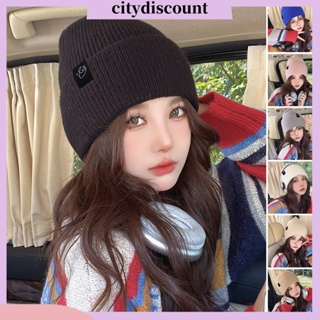 &lt;citydiscount&gt; หมวกบีนนี่ ผ้าถัก กันลม ป้องกันหู สีพื้น แฟชั่นฤดูใบไม้ร่วง ฤดูหนาว สําหรับผู้หญิง