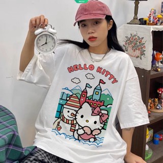 เสื้อยืดแขนสั้น พิมพ์ลายกราฟฟิติ Hello Kitty สไตล์เกาหลี พลัสไซซ์ สําหรับผู้หญิง นักเรียน Y2k