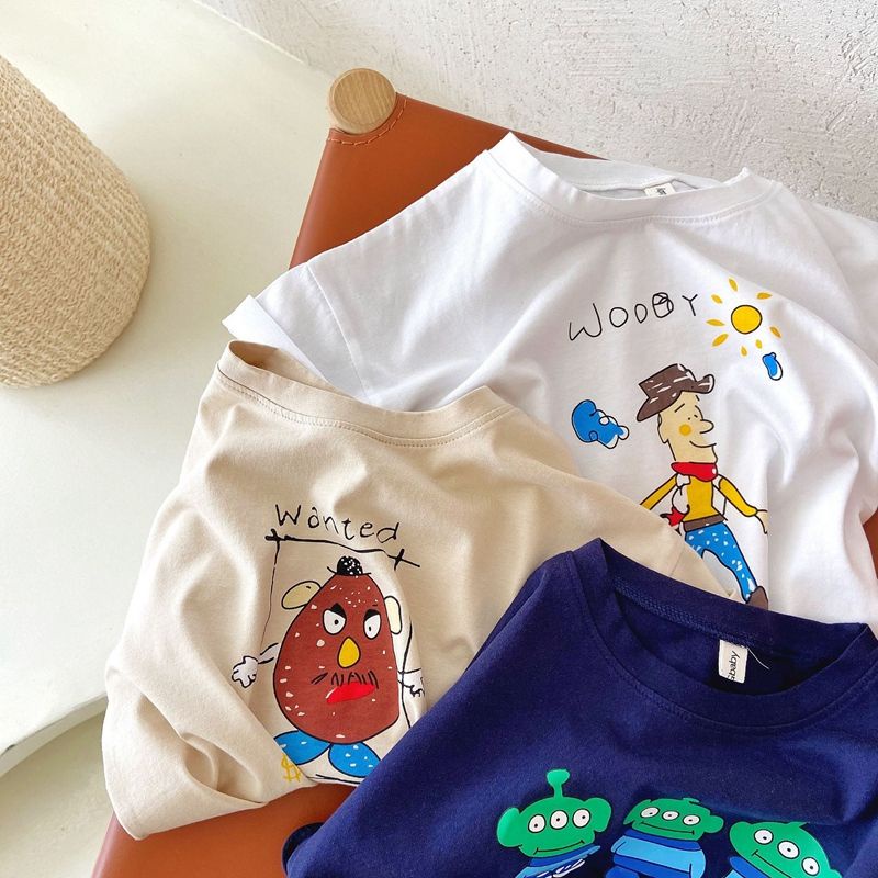 【Cotton T Shirt】เสื้อยืดแขนสั้น ผ้าฝ้าย ทรงหลวม พิมพ์ลาย สไตล์เกาหลี แฟชั่นสําหรับเด็กผู้ชาย และผู้หญิง (1-15 ปี)