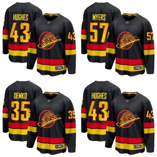 เสื้อกีฬาแขนยาว ลายทีม NHL Vancouver Canucks Jersey Hughes Demko Myers สีดํา พลัสไซซ์