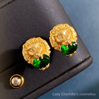 [0715]SDY Antique Vintage Emerald Crystal Glass Drill Decorative Lion Head Stud Earrings Distressed Copper Temperament Earrings Sweet Cool Style Y2K