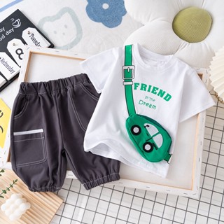 ใหม่ เสื้อแขนสั้น มีซิป และกางเกงขาสั้น แฟชั่นฤดูร้อน สไตล์บูติก สําหรับเด็กผู้ชาย 2 ชิ้น