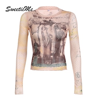 Sweeticme ใหม่ เสื้อยืดลําลอง แขนยาว ผ้าตาข่าย พิมพ์ลาย สีตัดกัน สไตล์เรโทร แฟชั่นสําหรับสตรี 2023