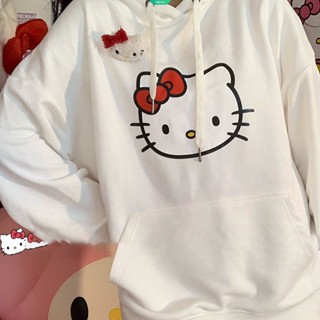 SANRIO เสื้อกันหนาว มีฮู้ด แบบนิ่ม พิมพ์ลายการ์ตูน Hello Kitty ทรงหลวม แบบเรียบง่าย สไตล์ญี่ปุ่น แฟชั่นฤดูใบไม้ร่วง และฤดูหนาว สําหรับนักเรียนหญิง