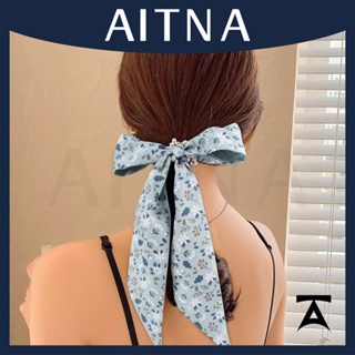 Aitna ยางรัดผมหางม้า ผ้าชีฟอง ยืดหยุ่น ลายดอกไม้ ประดับโบว์ ไข่มุก เครื่องประดับ สําหรับผู้หญิง