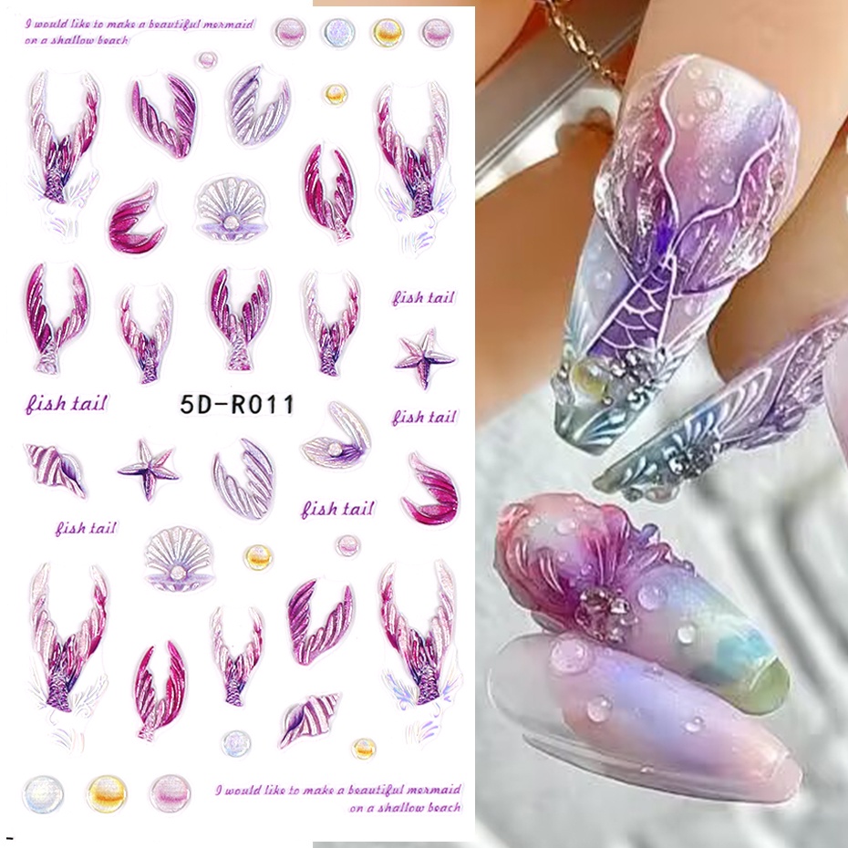 สติกเกอร์โฮโลแกรม รูปปลาแมงกะพรุน เปลือกหอย ปลาดาว 5D แวววาว แบบนูน สําหรับตกแต่งเล็บ เหมาะกับฤดูร้อน