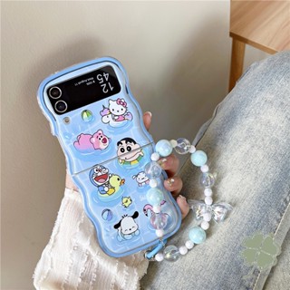 เคสโทรศัพท์มือถือแบบใส ฝาพับ กันกระแทก ลายการ์ตูนน่ารัก พร้อมสายคล้องข้อมือ ประดับลูกปัด สําหรับ Samsung Galaxy Z Flip 4 Z Flip 5 Z Flip 3